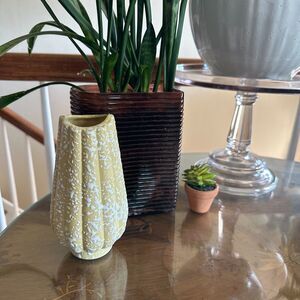 Vintage MCM Savoy Pottery Yellow Ceramic Bud Vase w/ White Drip Glaze